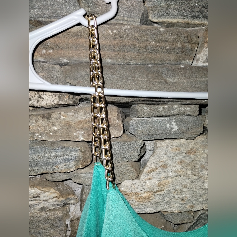 Explosion green aqua dress, flowy fabric, gold chain straps, size 6 - Picture 7 of 8